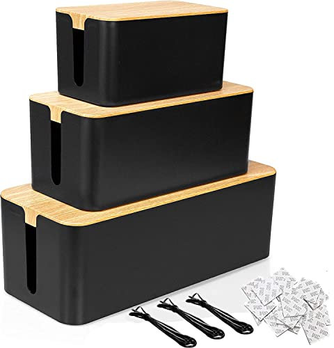 SENENQU Lot 3 Boîte Cache Câble Noir, Grand Boîte de Rangement Câbles Electriques avec Bois Couvercle, Boite Cache Prise Multiprise pour Protection de Câble et Prise Electriques