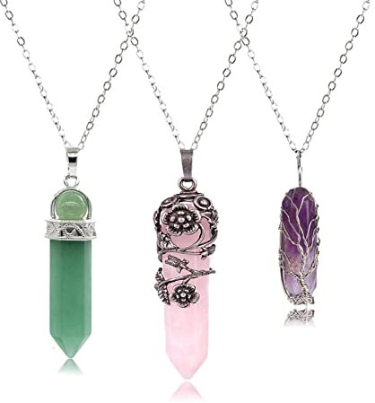 KAYZON Healing Crystals Necklace 3PCS Crystal Point Pendant Necklace Life Tree Wire Wrapped Crystal Reiki Spiritual Necklace Natural Gemstone Jewellery Gifts for Women