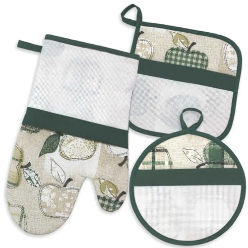 Guantone da Forno e Due presine da ricamare a Punto Croce, Tela Aida, Set Guanto e presine da Forno, Mele, Verde