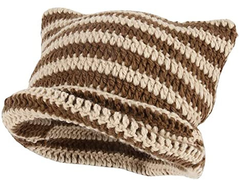SINSEN Damen Katze Beanie Häkeln Hüte mit Ohren Gestrickt Gestreift Winter Warme Elastische Kappe für Mädchen Erwachsene Kinder, braun, Einheitsgröße