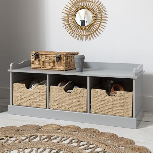 Design Elements - Stockholm Storage Bench with 3 Storage Cube in Silk Grey (Includes 3 Brown Baskets)