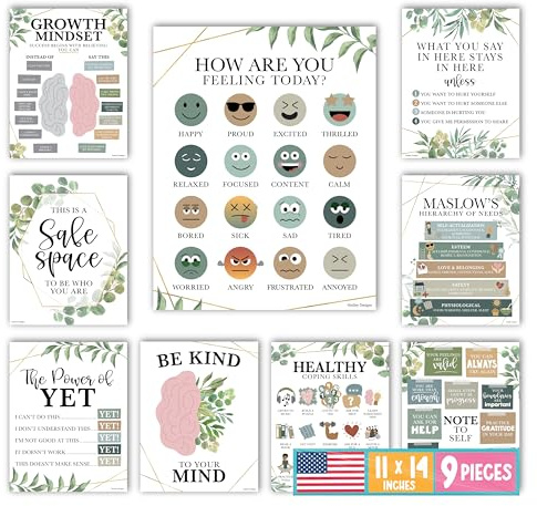 Hadley Designs Poster für psychische Gesundheit, für Klassenzimmer, Schulberater, Büro, Mental Health Therapy Office Decor, Counseling Growth Mindset Poster, Power of Yet, Greenery Klassenzimmer-Dekor