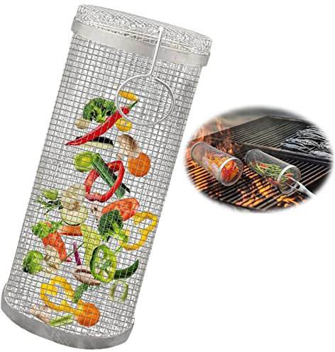 RZXBB Zylindrischer Grillkorb,Rolling Grillkorb,Edelstahl Grillkorb Ofen Rotisserie Grill Korb,DrehspießKorb,BBQ Gemüsekorb,Universal Grillkorb für Drehspieß für Außengrill Gemüse, Französisch Pomme
