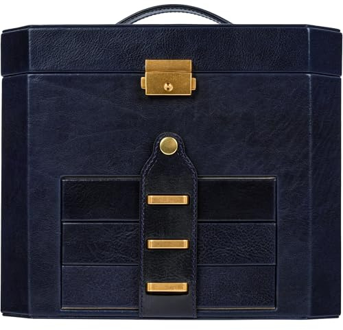 Time Resistance Portagioie Donna Pelle per Orologi, Orecchini, Collane e Anelli – Portagioie Vera Pelle con Specchio, Lucchetto e Cassetti – Elegante Porta Gioielli Donna da Camera (Blu)