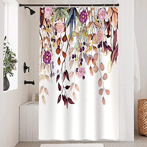 Uiiooazy Tenda Doccia Antimuffa, Tenda da Doccia 120x200cm Foglie Giallo Fiori Rossi Viola Eucalipto Tende da Bagno Tessuto Lavabile Impermeabile Poliestere Tende per Vasca da Bagno con 8 Anelli