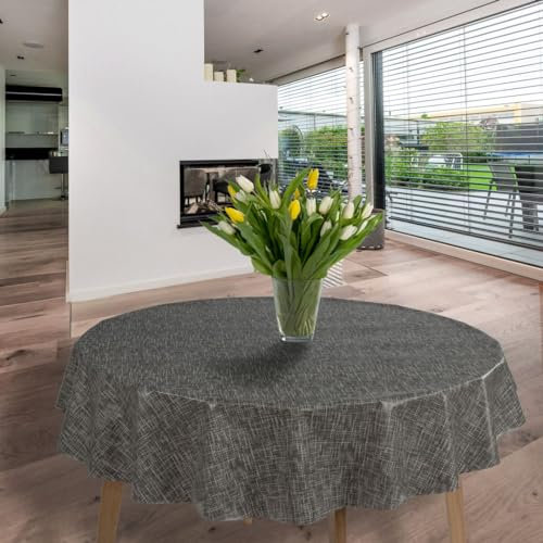 laro runde 140 cm wachstuchtischdecke wachstischdecke abwashbar PVC tischdecke Wachstuch wasserabweisend Garten tischdecke, Muster:Grau Leinenoptik