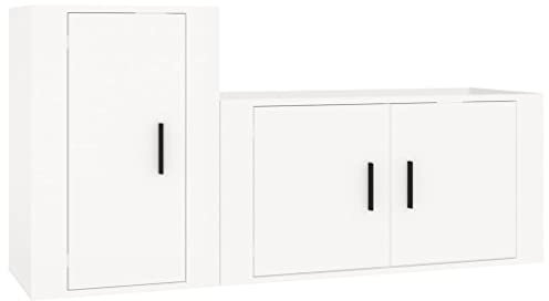 vidaXL TV Schrank Set 2-TLG., Wohnwand Wohnzimmer, Schrankwand Anbauwand mit Stauraum, Lowboard Fernsehtisch Wandmontage, Hochglanz-Weiß Holzwerkstoff