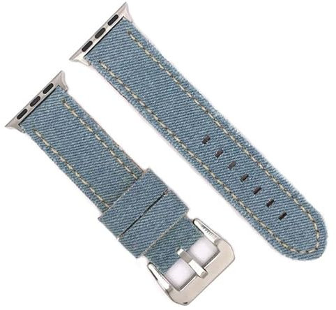 Cinturino compatibili con Apple Watch in denim e pelle. Ref AW390 Adattatore Azzurro-Acciaio 42mm/44mm/45mm/49mm