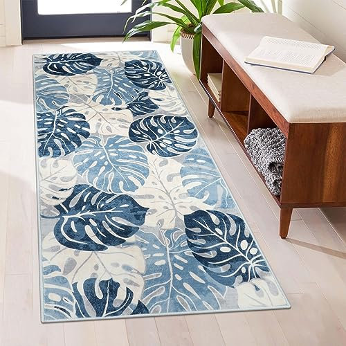 Wonnitar Tapis de couloir tropical lavable 51 x 11,9 cm, antidérapant, motif feuille de Monstera bleu, tapis de cuisine, tapis de sol doux à poils courts qui ne perd pas ses poils pour chambre à