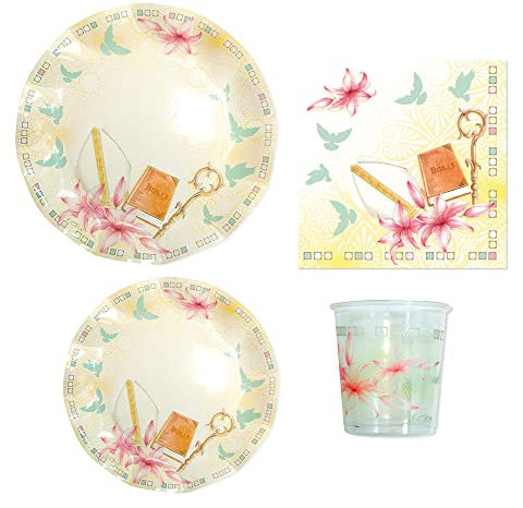 Set 44 pezzi - Kit Coordinato tavola CRESIMA GIGLI - Colore Crema con Bastone, Cappello Vescovale e Bibbia - decoro buffet feste SANTA CRESIMA - 16 piatti + 8 Bicchieri + 20 tovaglioli