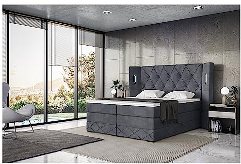 MEBLINI King Boxspringbett mit Bettkasten - Gepolstert Doppelbett mit Matratze und Topper - Polsterbett mit Stauraum - Bett mit LED Kopfteil - Stauraumbett - Manuel - 200x200 - H3/Dunkelgrau Samt
