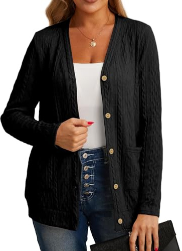 GRECERELLE Gilet Femme Cardigan Chic et Elégant Torsadé pour l'Automne avec Boutons Col en V et Poches Pratiques (Noir, M)