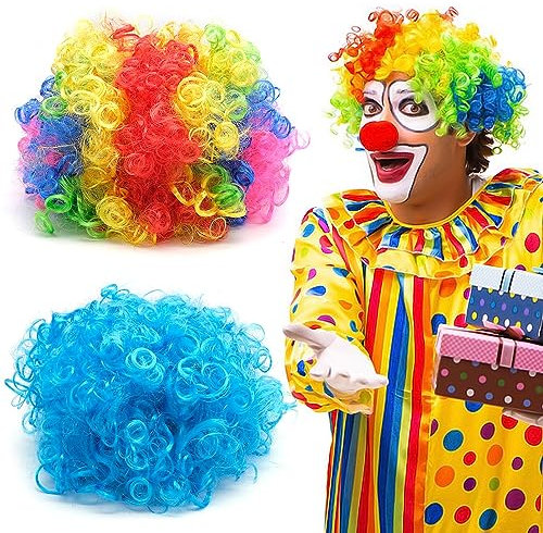 2 Piece Clown Wig, Rainbow Party Wigs Multi Coloured Afro Curly Wigs Bouncy Costume Wigs Party Costume Disco Accessory for Adults - One Size