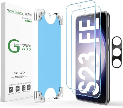 amFilm Magnetic Auto-alignment OneTouch Tempered Glass Screen Protector + Camera Lens Protector for Samsung Galaxy S23 FE 6.4, Full Coverage Fingerprint ID Compatible Easy Installation(Reusable)