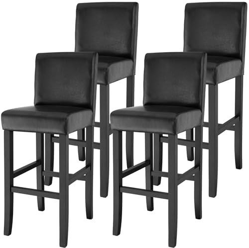 tectake® 4er Set Barhocker, Bistrohocker, Tresenhocker, Barhocker mit Lehne, gepolsterter Barstuhl, Bistrostuhl mit Fußstütze, Holz und Kunstleder, Stuhlbeine aus Massivholz, 107 cm hoch - schwarz