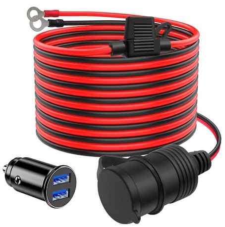 Hoembpn 2M Rallonge Prise Allume-Cigare de Voiture étanche Câble D'extension 15AWG avec Fusible 20A,12V/24V Mini Chargeur de Voiture USB Double Prise Allume-Cigare pour Moto,Bateau,Voiture,Camion