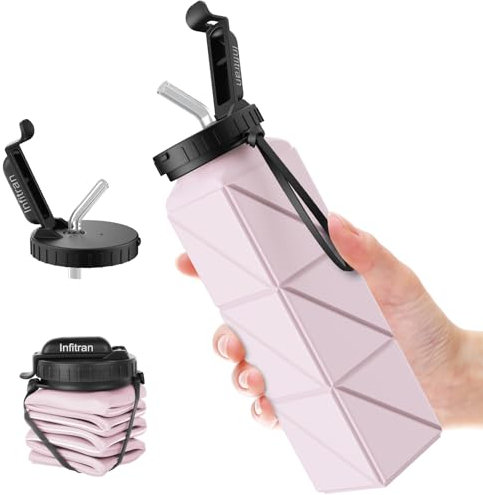 Infitran Collapsible Water Bottles,BPA Free Silicone Foldable Water Bottle Cup with Straw Strap 20.6oz,Leak-Proof Durable Lightweight Bottle for Gym Travel Camping Hiking Running Sport,Purple, SH-15