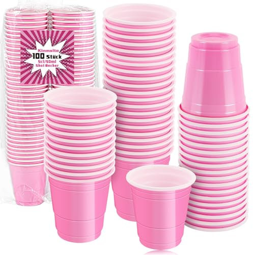 Kinmsito 100 Stück Rosa Shot Cups, Shot Becher 5cl/50ml,Plastik Schnapsgläser,Wiederverwendbar becher,Schnapsbecher Mehrweg,Pink Cups,Mini-Partybecher für Party Camping Geburtstag Hochzeit