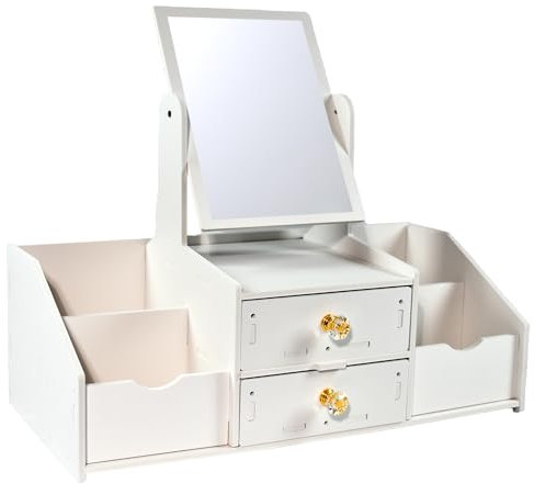 Makeup Organiser with Mirror, White Plastic Cosmetic Organiser with Drawers, Cosmetic Display Cases for Dressing Table, Desk Jewelry Make Up Storage Box for Vanit