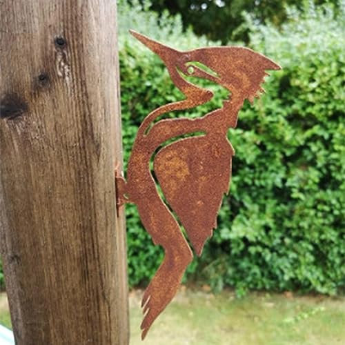Gartendeko Rost Eichhörnchen Baumstecker Vögel Rostiges Specht Cortenstahl Langlebige Rostfigur für den Außenbereich, Kunstvolle Metall Gartenfigur Gartenstecker (Gold, One Size)