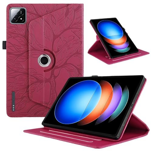 TEDTIKJT Custodia Compatibile con Xiaomi Pad 6S Pro 12.4 Pollici 2024 Tablet Custodia in Pelle PU Flip 360°Ruotabile Supporto Protezione Cover per Xiaomi Pad 6S Pro 12.4, Rosso Albero