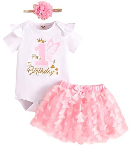UUAISSO Neonate Il Mio 1° Compleanno Abiti Manica Corta Torta Smash Gonna Paillettes Tutu Abito da Principessa Set di Abbigliamento Farfalla 1st 12 mesi