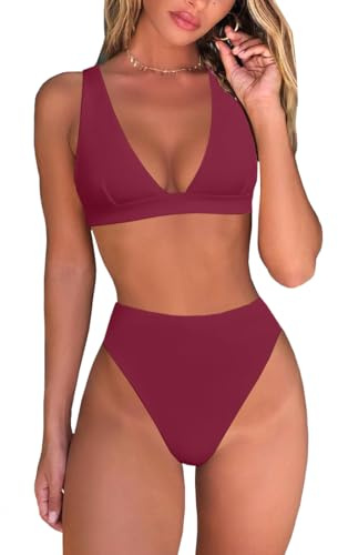 fatty tiger Maillot de bain 2 pièces sexy taille haute avec string et haut triangle brésilien et col en V profond pour femme, rouge vin, Taille L