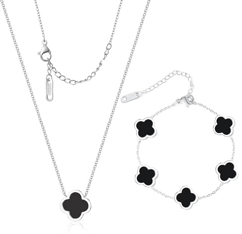 WSupikio Clover Bracelets and Necklaces Set:Clover Necklaces,Link Bracelets for Women,Cute Gold Jewelry for Girls,Stainless Steel,No Gem