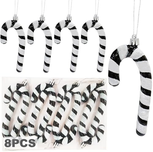 8Stck Glitzer Zuckerstangen Weihnachtsbaum Deko Schwarz Weiß,13CM Zuckerstangen Deko Weihnachten Anhänger Christbaumschmuck Schwarz Zuckerdekor Weihnachtsbaumanhänger Weihnachtsdekoration