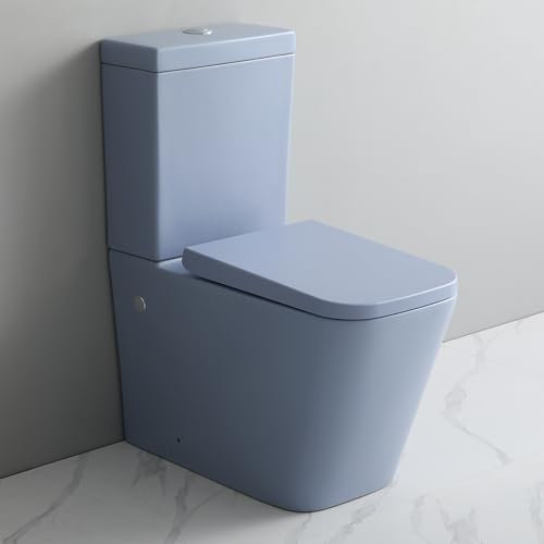 Robanmoa Matt Blue Rimless Back to Wall Toilet Close Coupled Comfort Height Toilets Ceramic WC Pan with Quick Release Soft Close Seat & Cistern Modern Square Bathroom Toilet