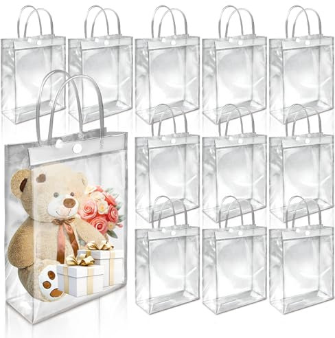 Wiederverwendbare Tragetaschen Transparent, 12 Stück PVC Transparente Wickeltaschen, Wasserdicht Klare Geschenktüten mit Griffen, Durchsichtige Geschenktüte Hochzeit für Babyparty Geburtstag