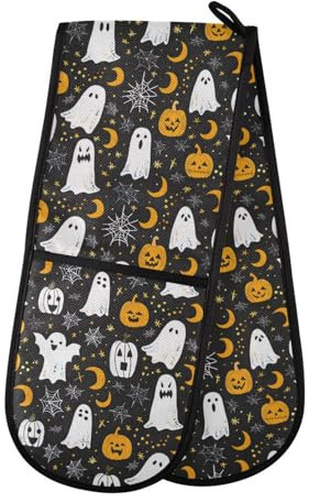 Double Oven Gloves Halloween Ghost Pumpkin Heat Resistant Pot Holder Oven Mitt Gloves for BBQ Cooking Baking Grilling Microwave