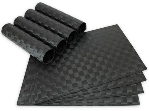 Moderne Tischsets in Schwarz im 8er Set - Abwaschbare Platzsets als rechteckige Tischuntersetzer - Geflochtenes Platzdeckchen als Tischunterlage für Esstisch Wohnzimmer Tisch-Deko