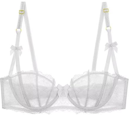 Sexy Lace Push Up Bra for Women Underwire Non Padded Half Cup Plus Size See Through Bras S-XL(D238BB,White,M)