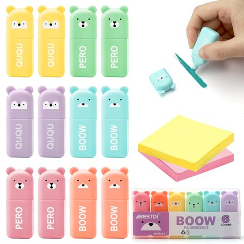 ZMDMAH 12 Stück Mini Textmarker mit 2 Pcs Sticky Notes, Bär Textmarker, Highlighter Pen Marker Pastell Textmarkers, Haftnotizzettel, Haftnotizen Aesthetic Marker Stifte