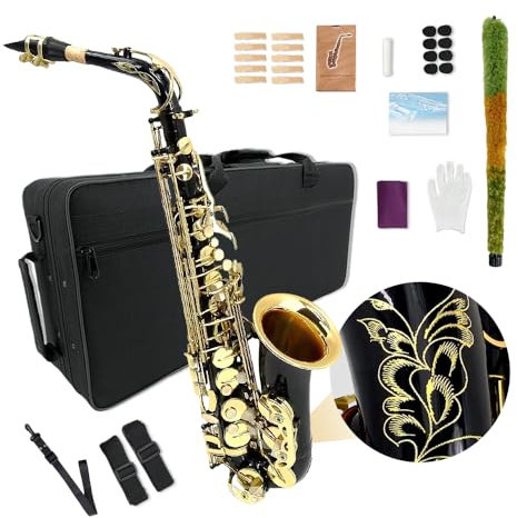 YoungMonic Altsaxophon für Anfänger und Erwachsene, E-flaches Saxophon, Anfänger-Set mit Mundstück, Tragetasche, Riemen, 10 Blätter
