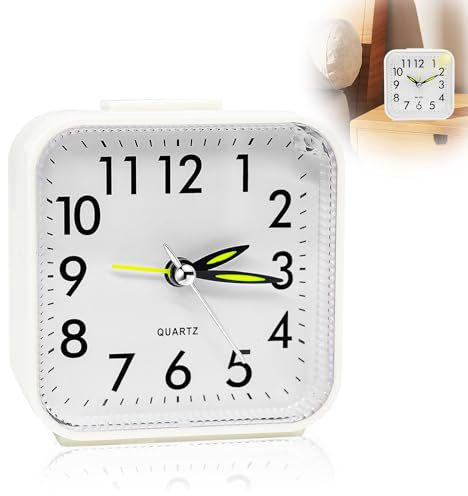 GothicBride Analog Wecker Ohne Ticken mit Licht, Tragbar, Schlummerfunktion, Batteriebetrieben, Lauter Alarm für Tiefschläfer und Hörgeschädigte - Weiß