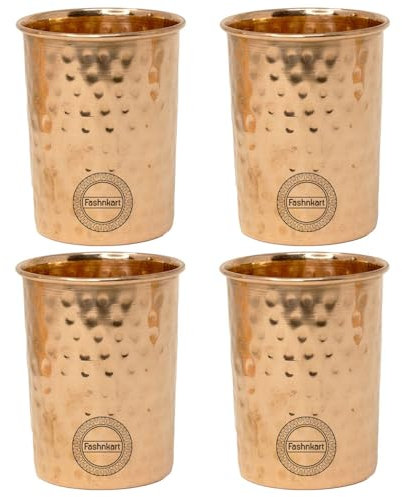 Fashnkart Bicchieri in rame puro Set di 4 bicchieri per acqua potabile Ayurveda Health Pure Tumblers Tazze in rame 10,14 Oz 300 Ml (martellato)