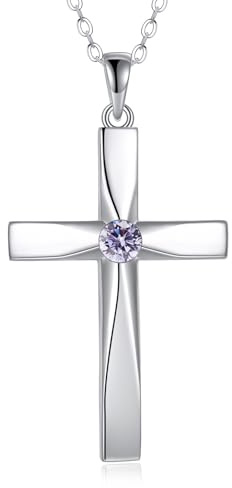 ONEFINITY Kreuz Halskette 925 Sterling Silber Origami Kreuz Geburtsstein Anhänger Halskette Religiöses Kreuz Schmuck Geschenke für Frauen(Juni)
