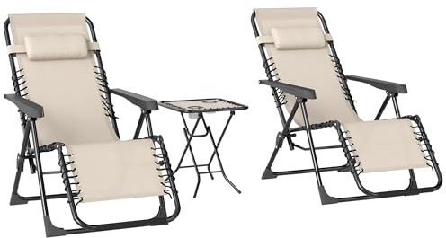 Outsunny Gartenliege Set 3-TLG. Klappbar Sonnenliege mit Teetisch 2 Stühle Kopfkissen, Outdoor Liege wetterfest Relaxliege Liegestuhl aus Metall Strandliege für Garten, Terrasse 90x56x110 cm Beige
