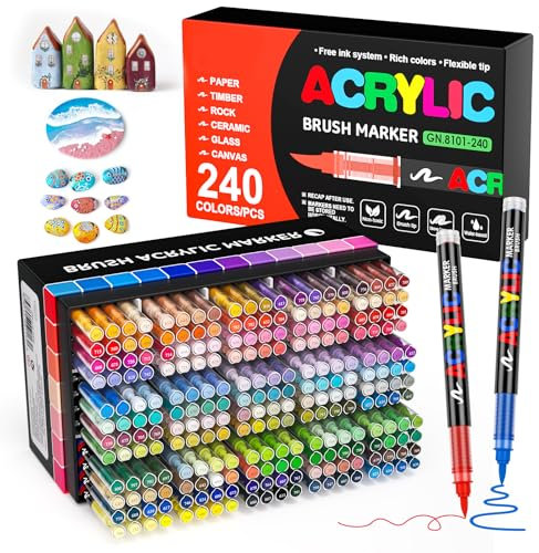Sanyetral 240 colors Acrylic Brush Markers Set, Brush Tip Acrylic Paint Pens for Paper, Clothes, Shoes, Stones, Mugs, Ceramic, Metal, Art Crafts Supplies Gift