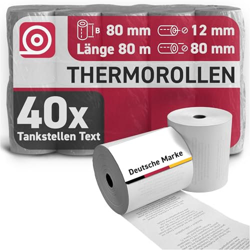 Gebongt24 Thermorollen 80 mm x 80 m x 12 mm 48g/m² mit Tankstellen-Text für freie Tankstellen – hochwertige Bonrollen aus BPA-freiem Thermopapier – 40 Kassenrollen mit ⌀ 72 mm