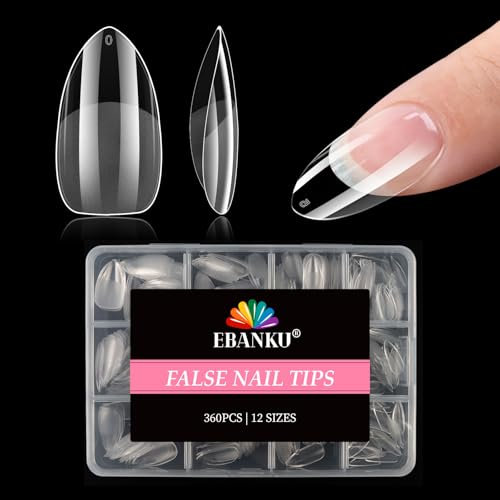 360PCS Medium Almond Nail Tips, EBANKU Pre-shape Half Matte Clear Press on Nails Acrylic Full Cover False Nail Extension Clear Gelly Fake Nails for Women Girls Manicure Salon DIY, 12 Sizes