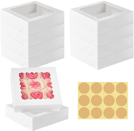 BDHYYM 10 Pcs Auto-pop Up White 20.3x20.3x6.4cm Cookie Box with Window Pastry Macaron Bakery Box and 12 Stickers For Packaging Cupcakes Desserts Pastries Cookies Small Cakes Candy Pies & Gifts