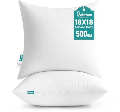 Oubonun Cushion Inserts 45x45cm (Pack of 2) | Soft & Plush Hollowfibre Square Cushion Pads for Sofa or Bed, Machine Washable – White (18x18 Inch)