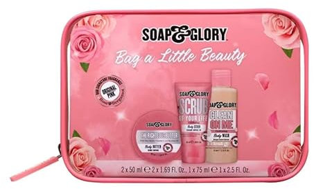 New Soap And Glory Original pink 3 Piece Gift Set , Travel wash bag ,1 x 75 ml Body Wash, 1 x 50 ml Body Scrub , 1 x 50ml Body Butter and Transparent Washbag