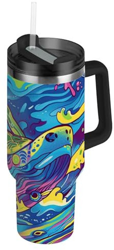 Amooorous Botellas de agua de boca ancha al vacío con tapa y popote, taza de té decorativa de viaje para el hogar, la oficina o el coche, vasos para agua fria, 40 onzas