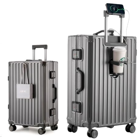 HotWay Valise rigide en polycarbonate avec cadre en aluminium, valise avec porte-gobelet et port USB, bagage sans fermeture éclair pour voyage d'affaires, gris, Carry on 20inch, Bagage à main avec