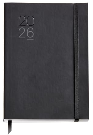 Miquelrius - Agenda 2026 día por página, Similar A5+ (155 x 213 mm), Planificación diaria, Cubierta flexible símil piel cosida, Papel 80 g/m², Español-EN-PT, Negro