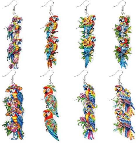 CREATCABIN 8 Paar/Stile Papagei Acryl Ohrringe Vogel Ohrringe Für Frauen Tier Tropfen Ohrring Charms 2D Ara Acryl Schmuck Ohrringe Zubehör Für Vogelliebhaber Geschenke Für Sommer Und Frühling